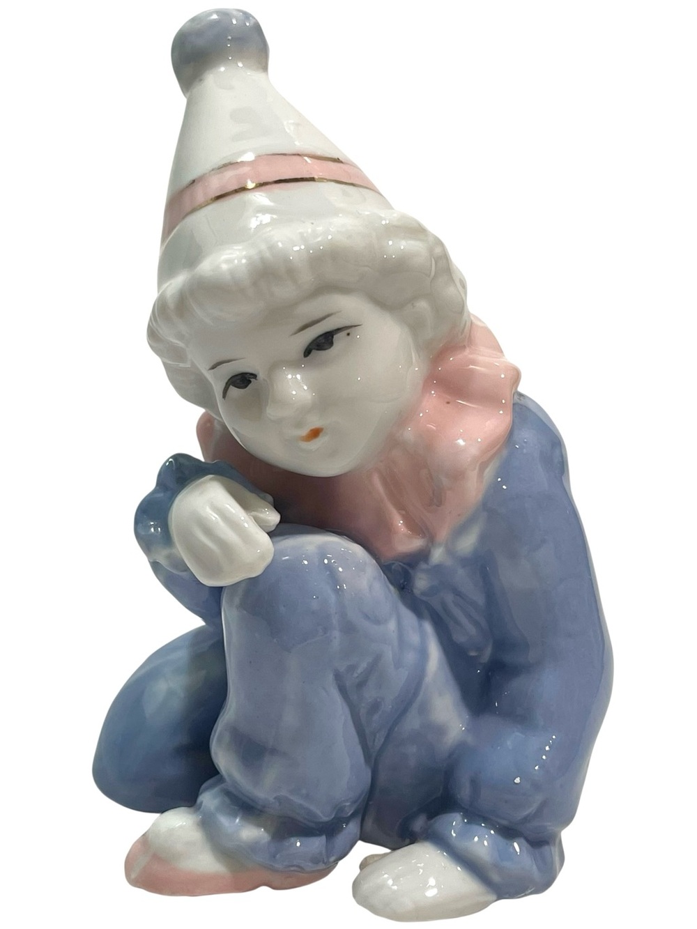 Vintage 1980s Clown Sitting Boy Lladro Style Porcelain Figurine Blue and Pink